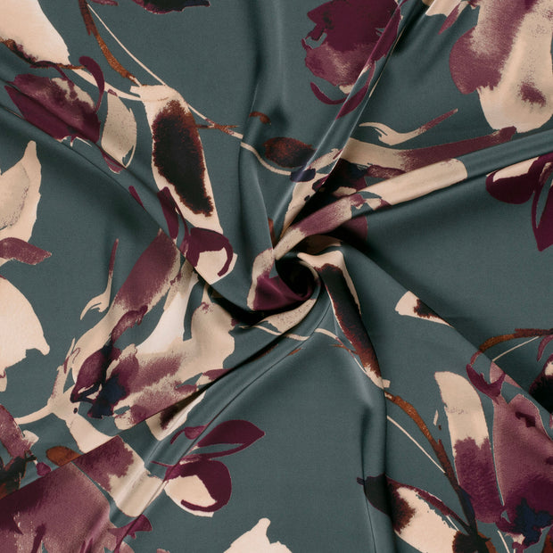 Satin Duchesse fabric Steel Blue printed 