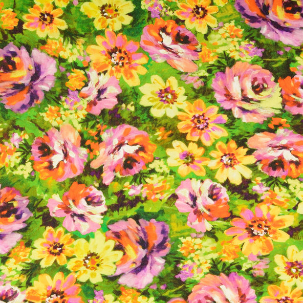Viscose Satijn stof Bloemen Groen