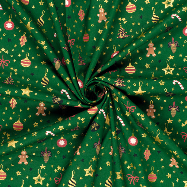 Cotton Poplin fabric Green printed and foil 