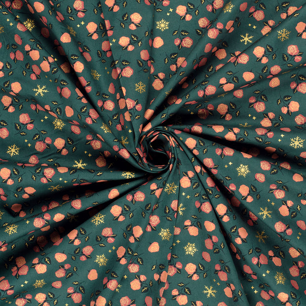 Cotton Poplin fabric Khaki Green printed and foil 
