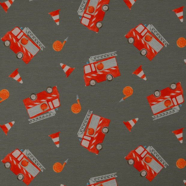 Jersey fabric Firetrucks Grey