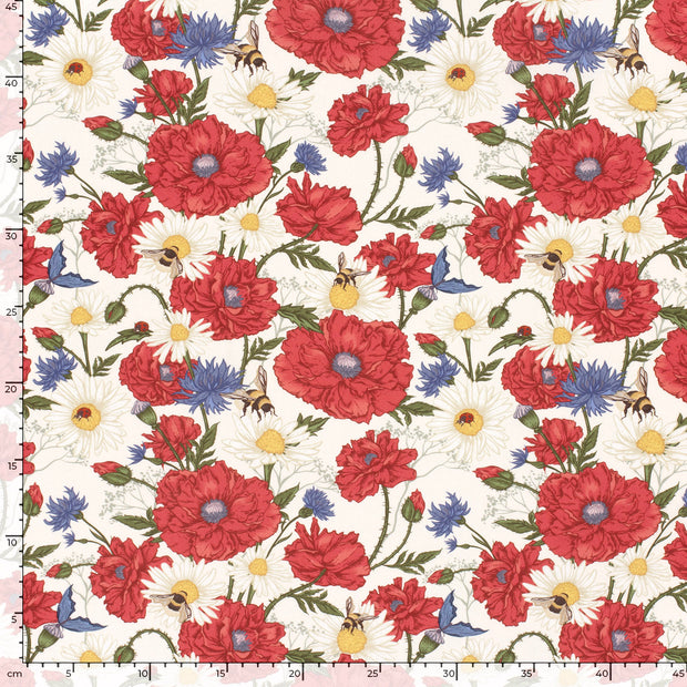 Cotton Poplin fabric Flowers Off White