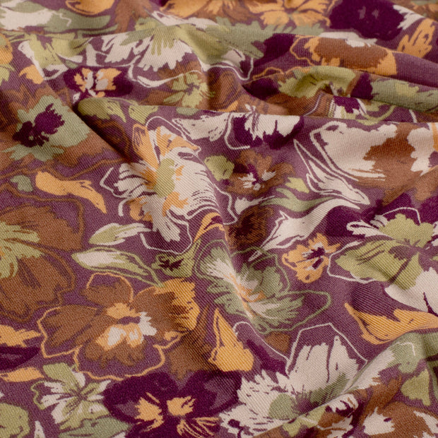 Viscose Vortex Jersey fabric Flowers Aubergine