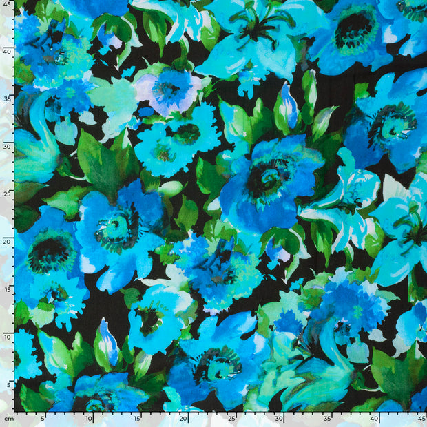 Viscose Satin tissu fleurs Cobalt