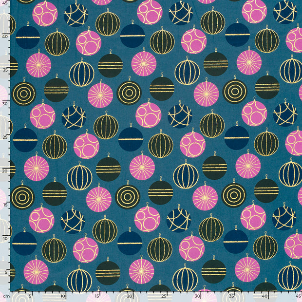Cotton Poplin fabric Christmas balls Petrol
