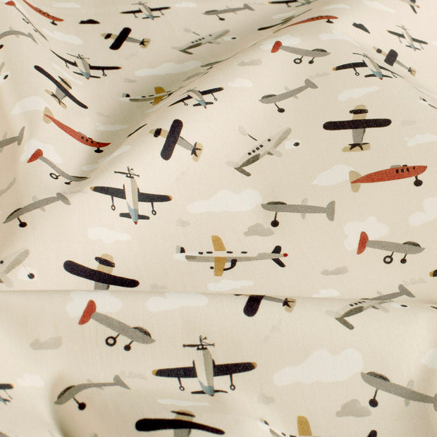 Cotton Poplin fabric Aeroplanes Off White