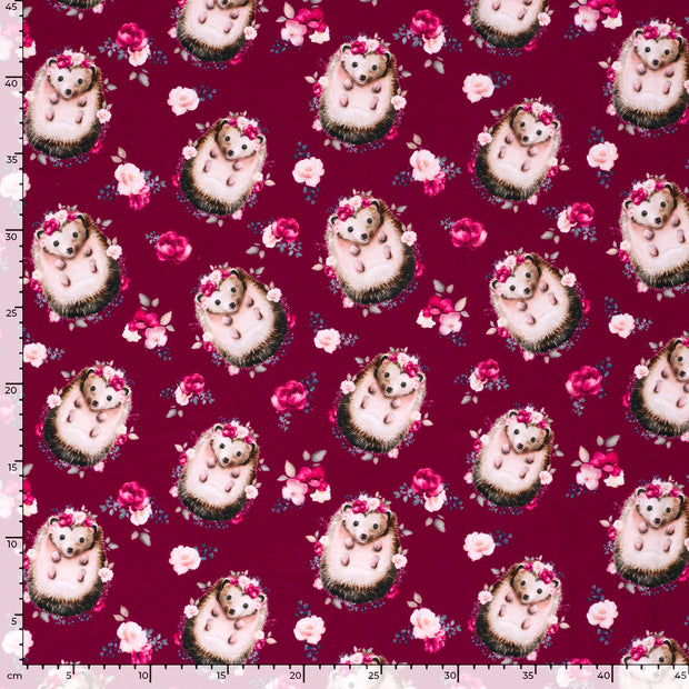 French Terry fabric Hedgehog Wine red