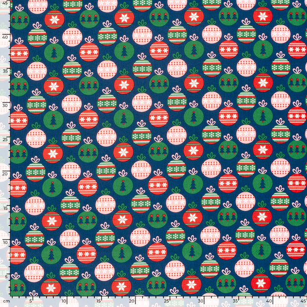 Cotton Poplin fabric Christmas balls Navy