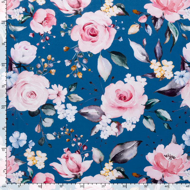 Jersey fabric Roses Steel Blue