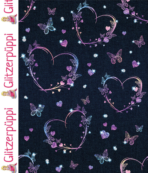 French Terry fabric Hearts Indigo