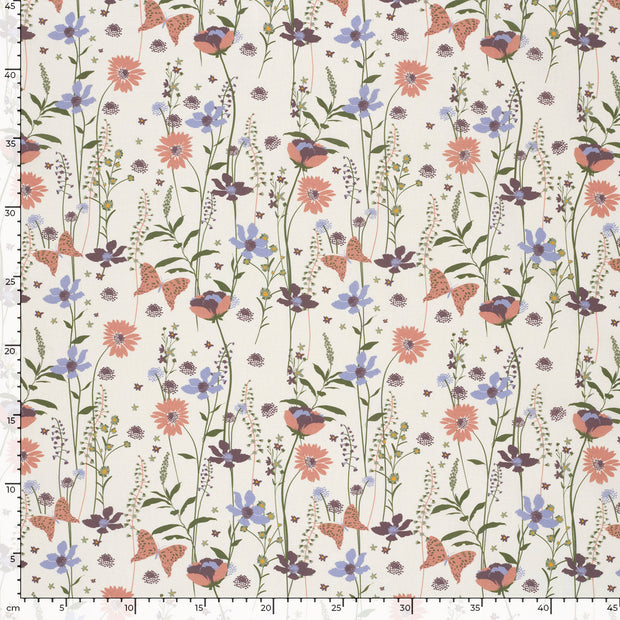 Cotton Poplin fabric Flowers Off White