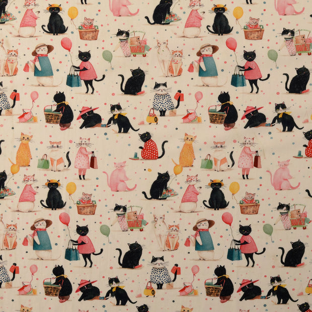 Cotton Poplin fabric Cats Off White