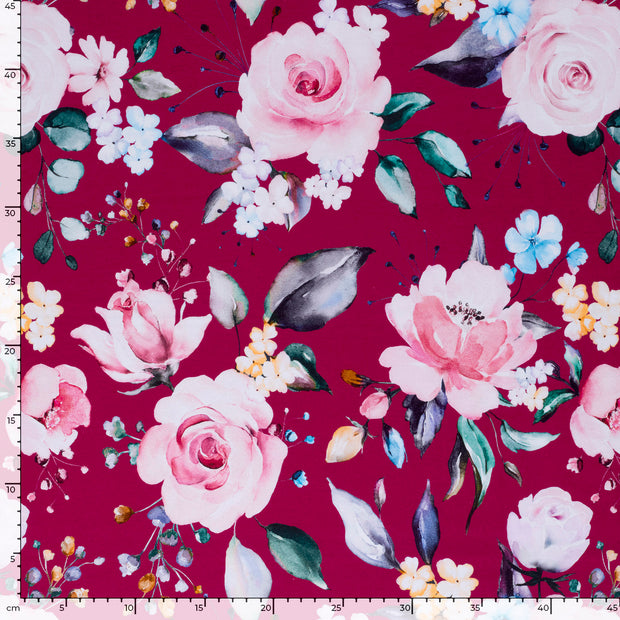 Jersey fabric Roses Wine red