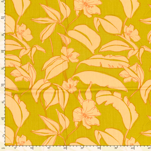 Woven Viscose Linen fabric Flowers Lime Green