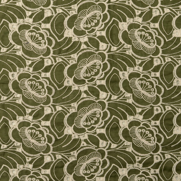 Cotton Poplin fabric Flowers Olive Green