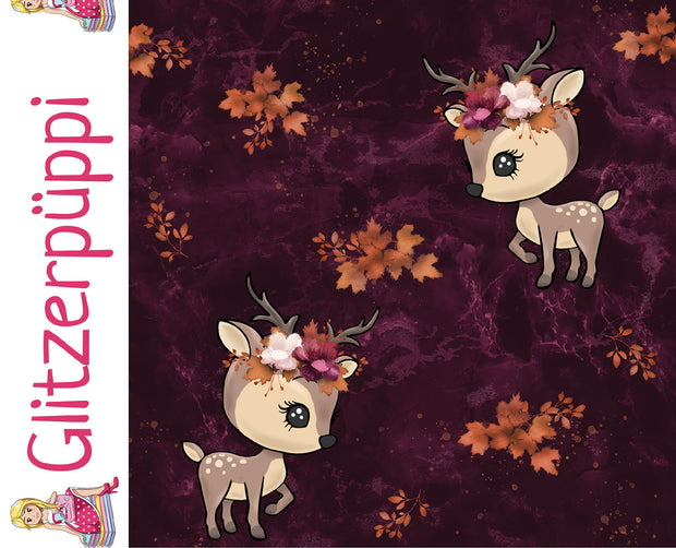French Terry fabric Deer Wine red
