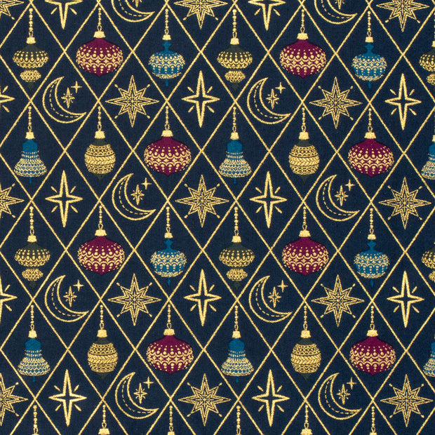 Cotton Poplin fabric Christmas balls Navy