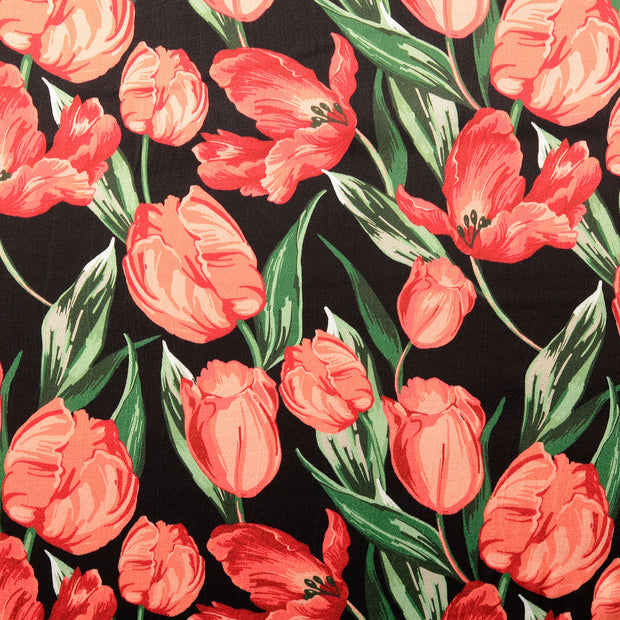 Viscose Satin fabric Flowers Red