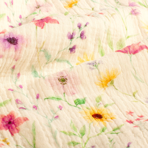 Muslin Bio Naturel fabric Flowers Off White