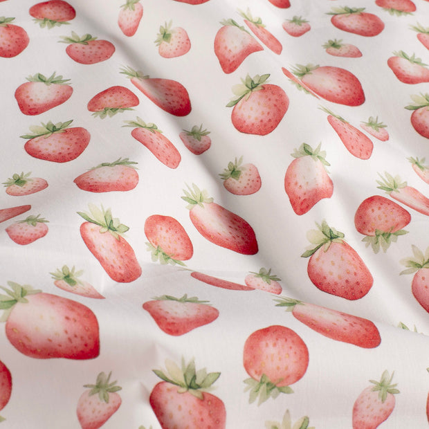 Cotton Poplin fabric Strawberries White