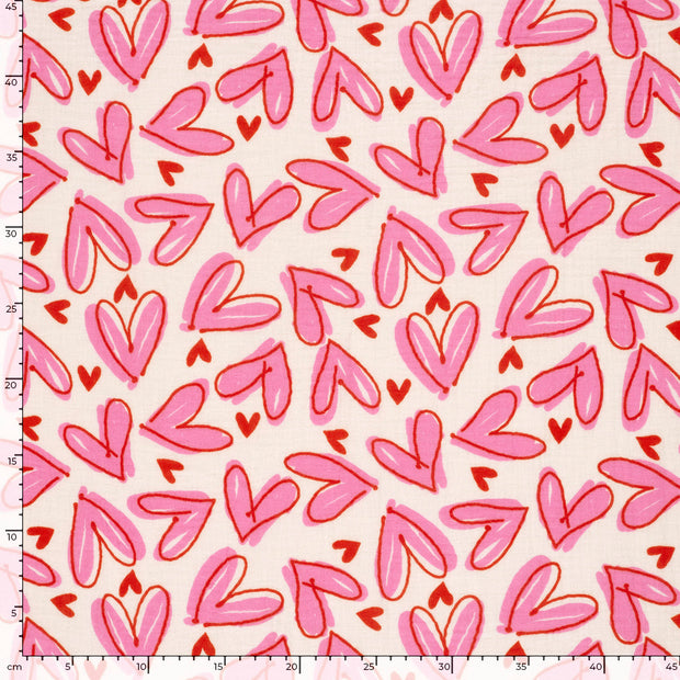 Muslin fabric Hearts Off White