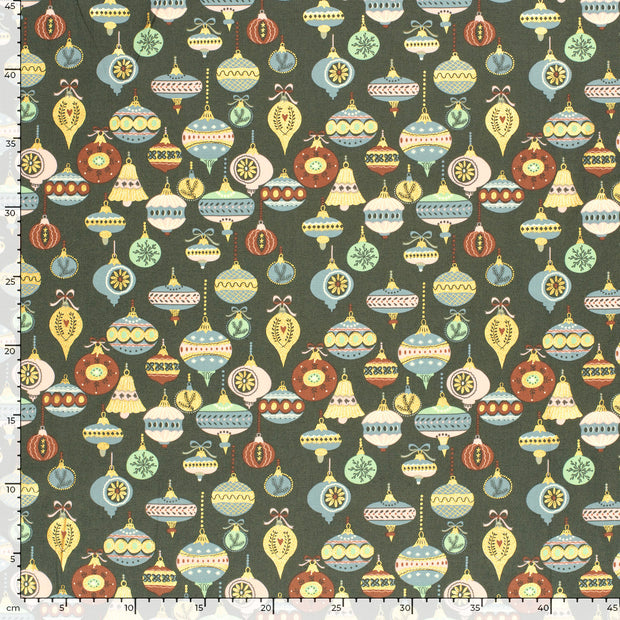 Cotton Poplin fabric Christmas balls Dark Green