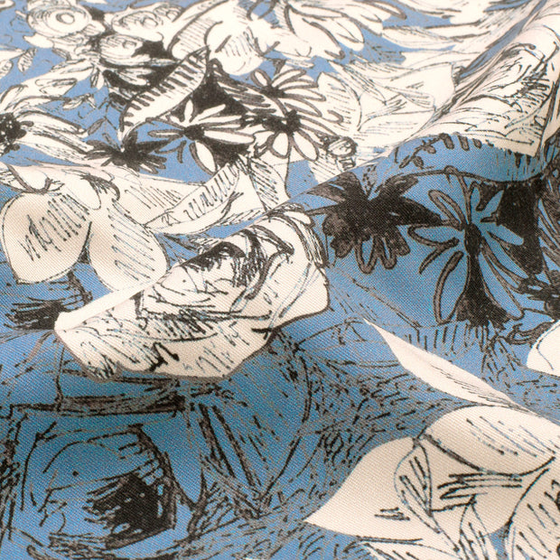 Sergé tissu fleurs Indigo