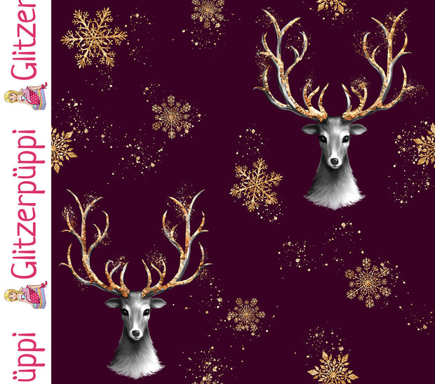 French Terry fabric Deer Wine red