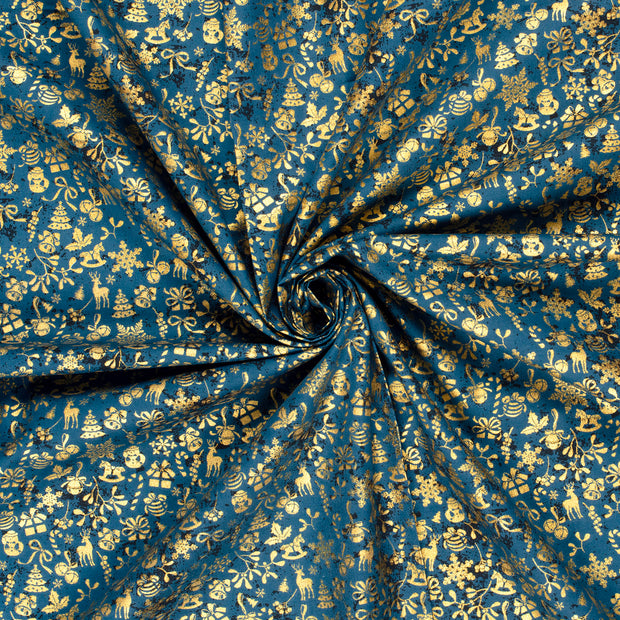 Cotton Poplin fabric Navy printed and foil 