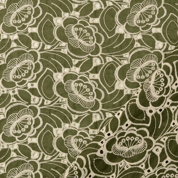 Cotton Poplin fabric Olive Green embroidered 