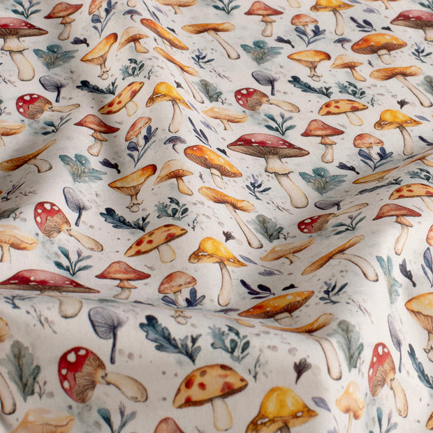 Cotton Poplin fabric Mushrooms Off White