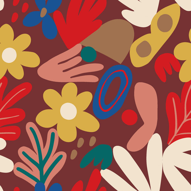 French Terry fabric Flowers Dark Red