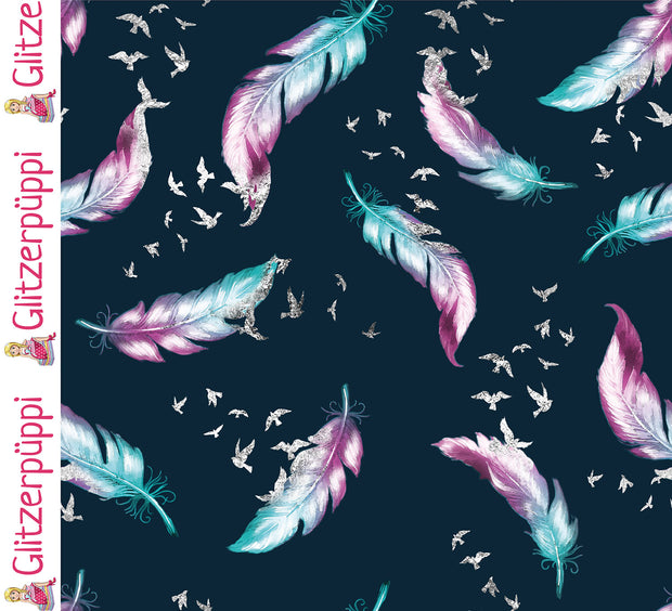 Jersey fabric Feathers Petrol