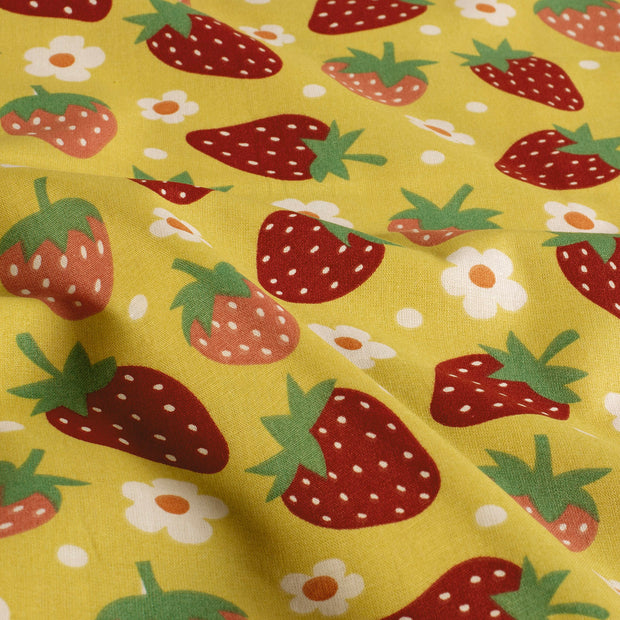 Cotton Poplin fabric Strawberries Oker