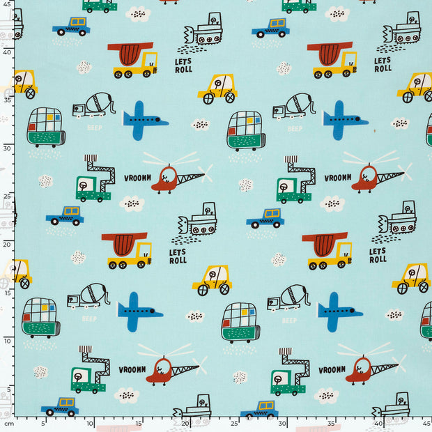 Cotton Poplin fabric Vehicles Baby Blue