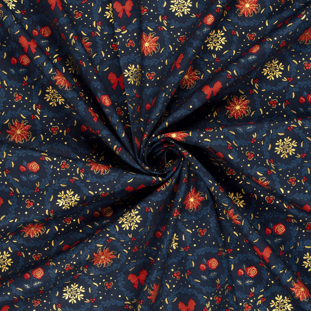 Cotton Poplin fabric Navy printed and foil 