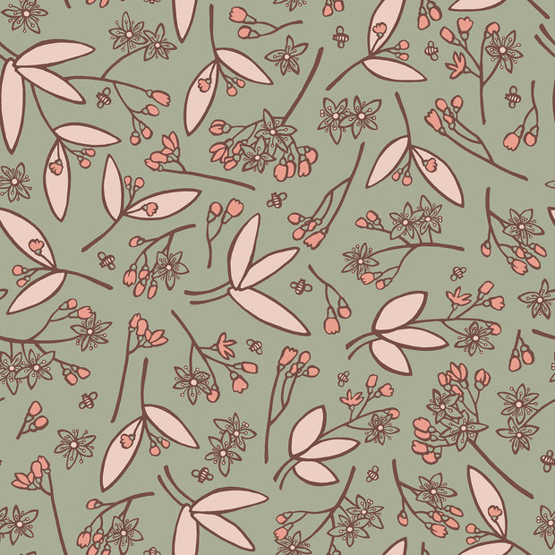 Terry Crepe fabric Flowers Olive Green