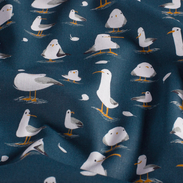 Cotton Poplin fabric Birds Navy