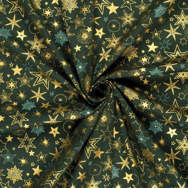 Cotton Poplin fabric Dark Green printed and foil 