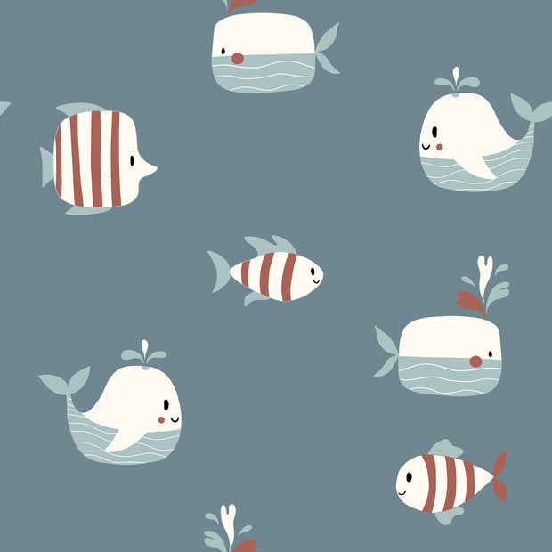 Terry Crepe fabric Fish Indigo