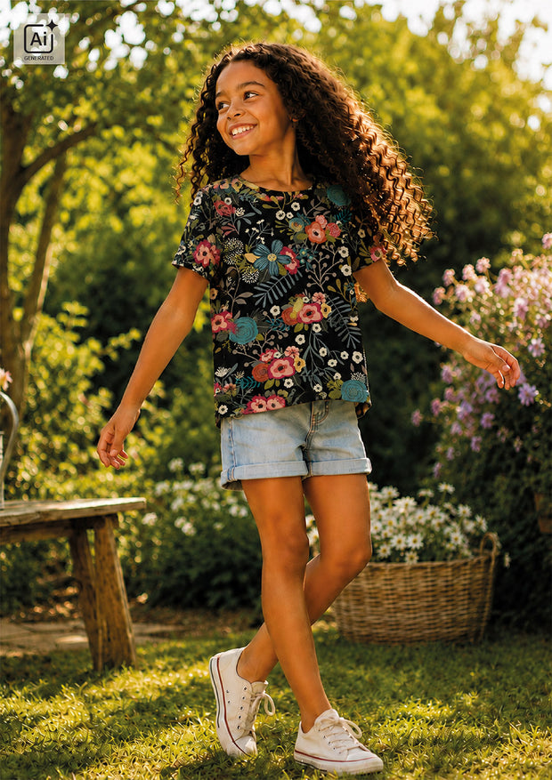 Jersey fabrik Blumen Schwarz