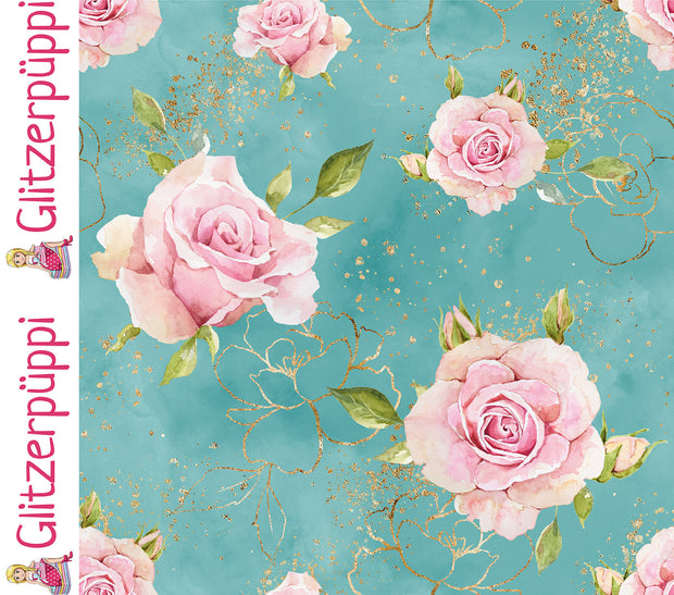French Terry fabric Roses Dark Mint