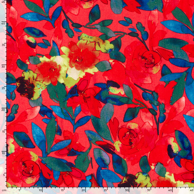 Linen Look fabric Flowers Dark Red
