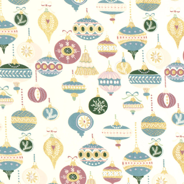 Cotton Poplin fabric Christmas balls Off White