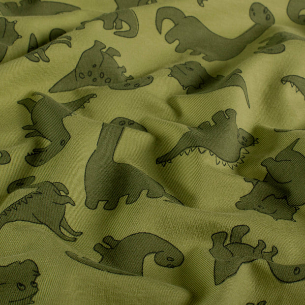 Jersey fabric Dinosaurs Olive Green