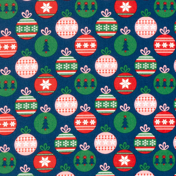 Cotton Poplin fabric Christmas balls Navy