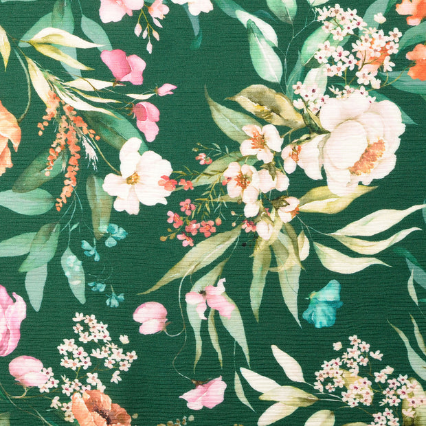 Plissé fabric Flowers Forest Green