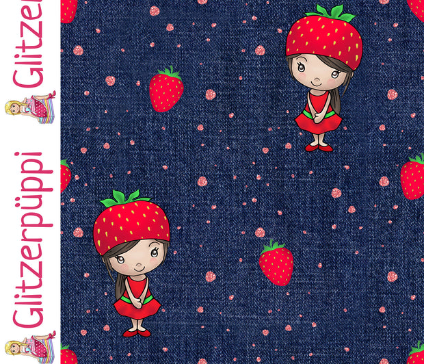 French Terry fabric Strawberries Steel Blue