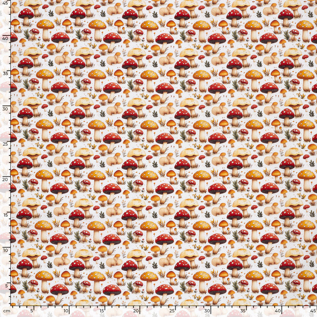 Cotton Poplin fabric Mushrooms White