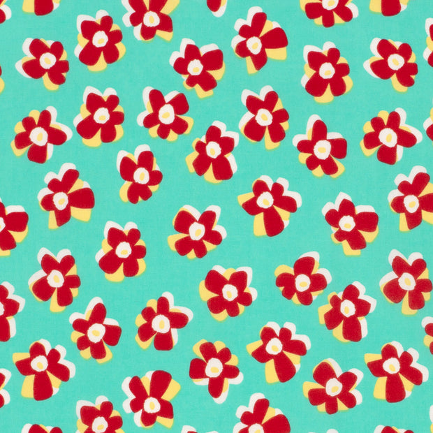 Cotton Satin fabric Flowers Petrol